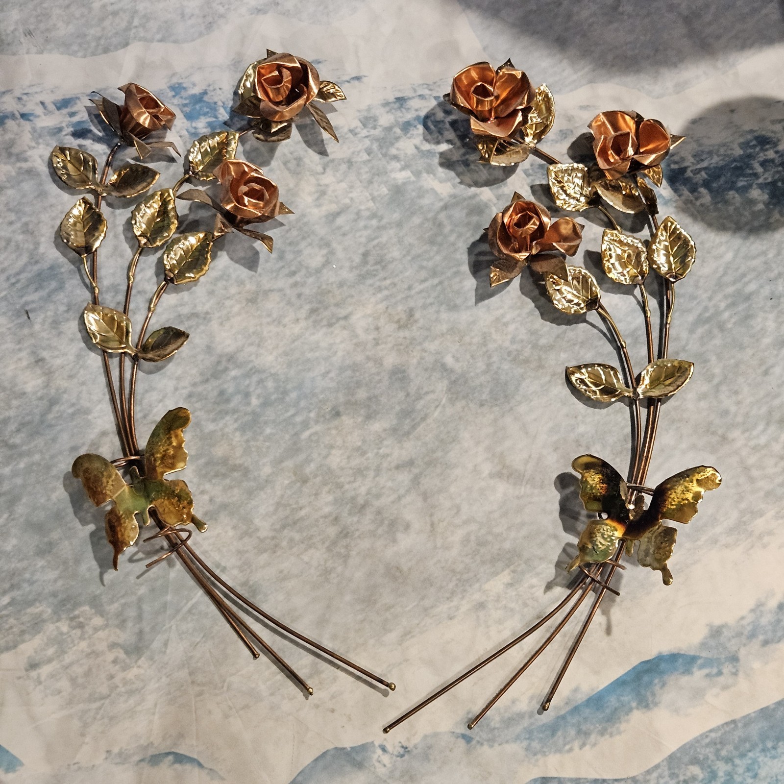 Vintage Metal Rose Wall Decor Gold Copper Butterflies Floral Hanging 20″