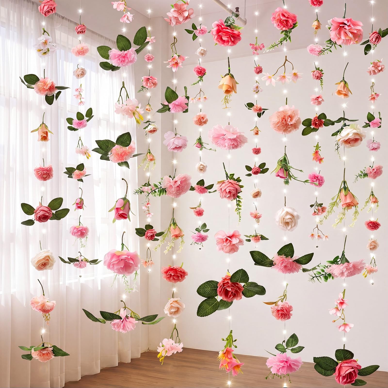 6 Pack 35.4ft Fake Flower Garland Backdrop with Lights Hanging Wildflower Flo…