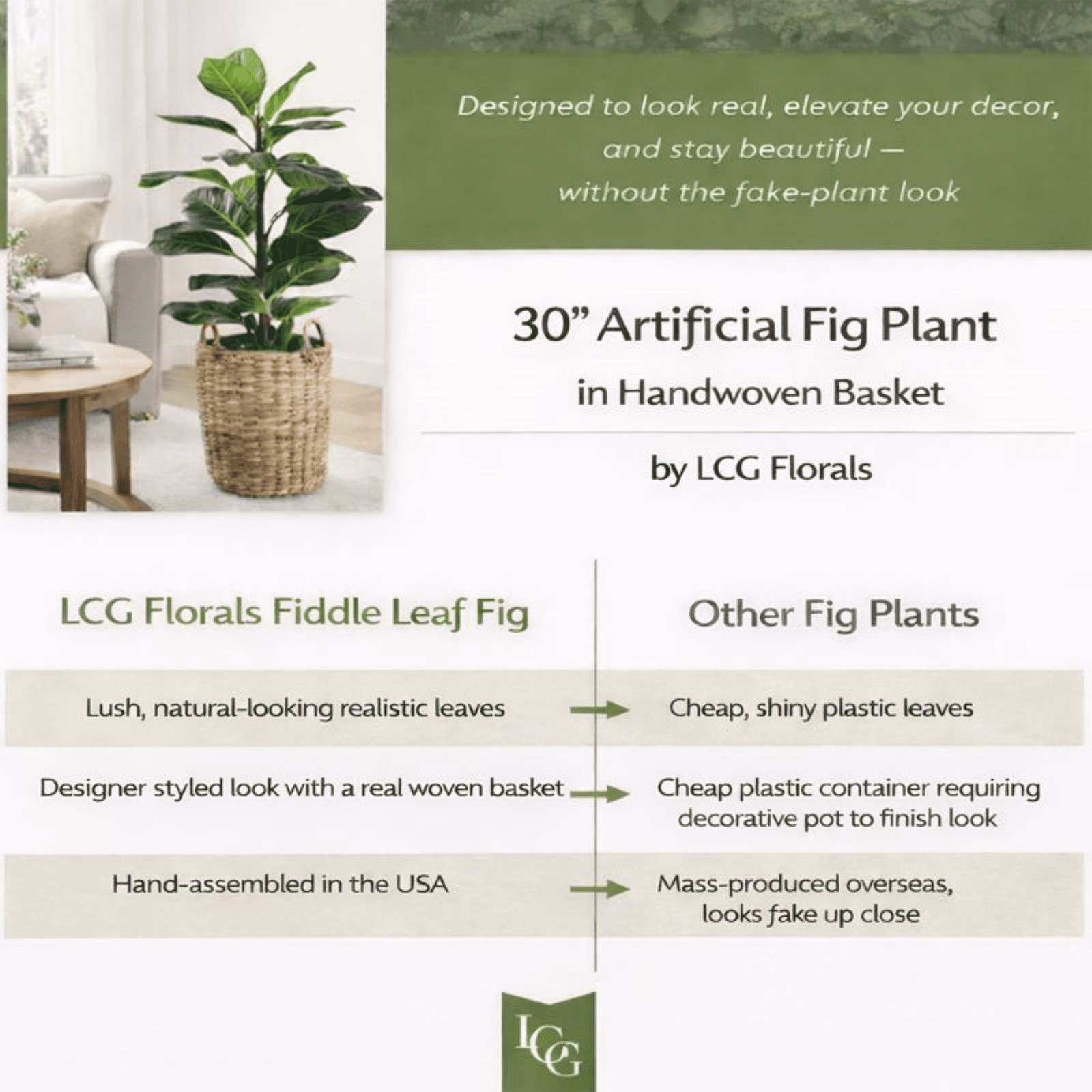 Artificial Plant, 2.5 ft Artificial Fig Plant in Handwoven Basket by LCG Florals