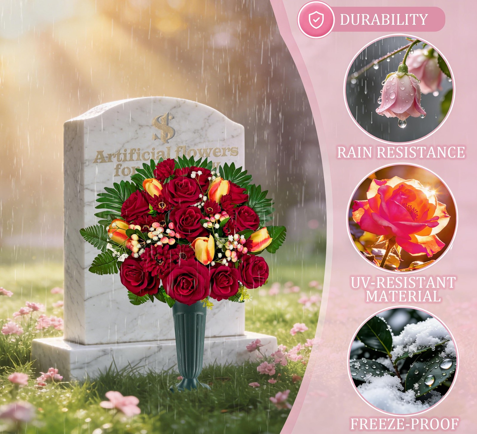Artificial Cemetery Flowers for Grave,Memorial Flowers Bouquet with Vase for …