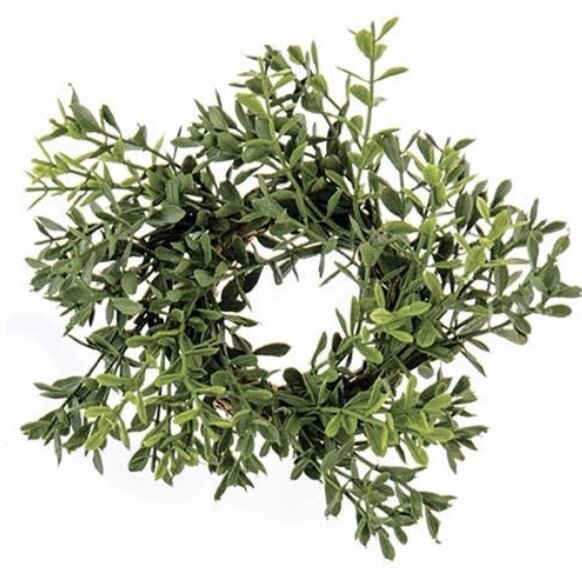 New England Boxwood Candle Ring Wreath – Faux 5” Farmhouse Decor