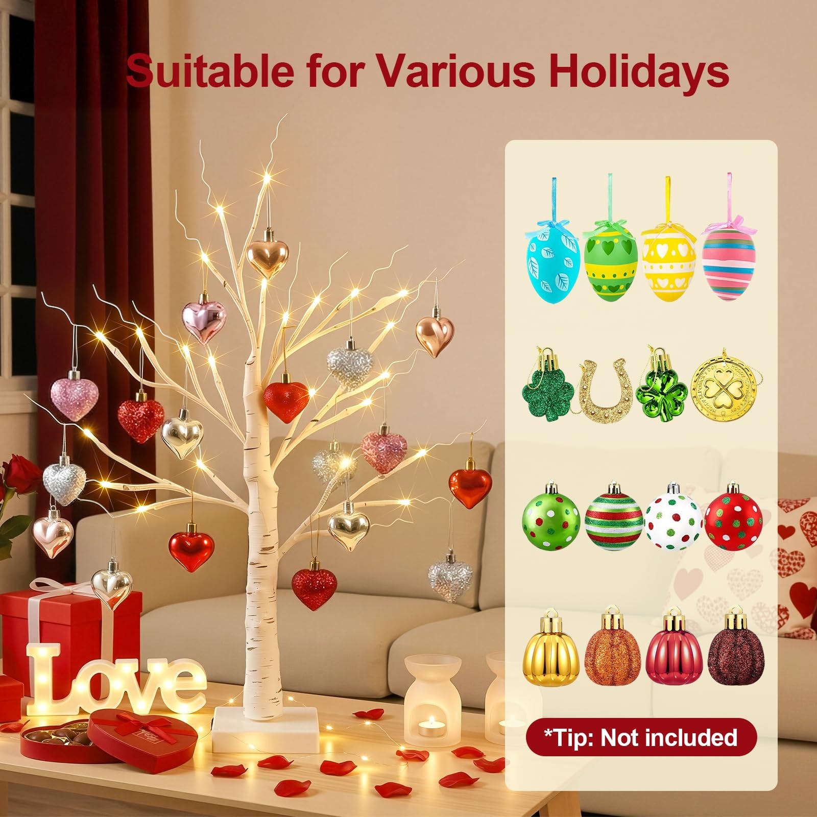 Valentines Day Decorations – 2 FT Birch Tree with 24 LED Warm Light 18 Heart …
