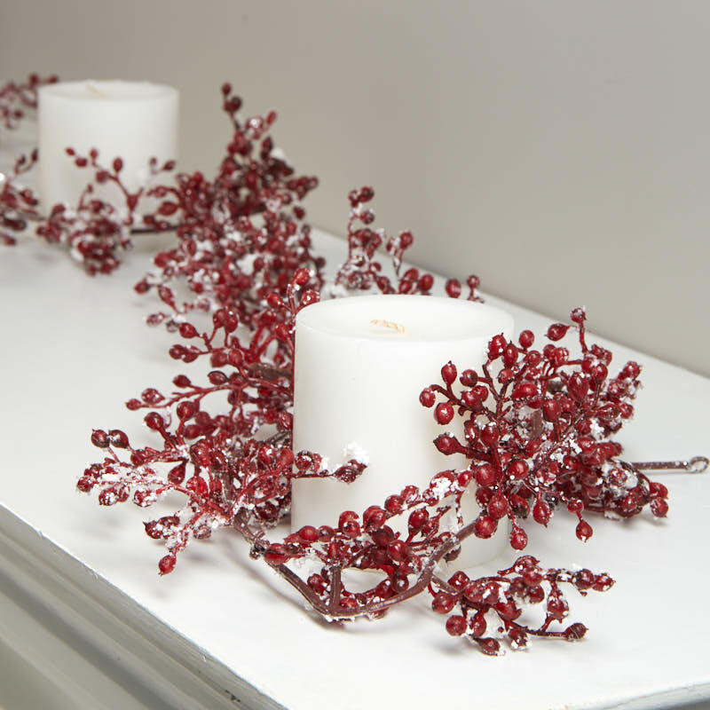 Set of 2 Weatherproof Artificial Snowy Red Berry Garlands – 6 Feet Long, Each