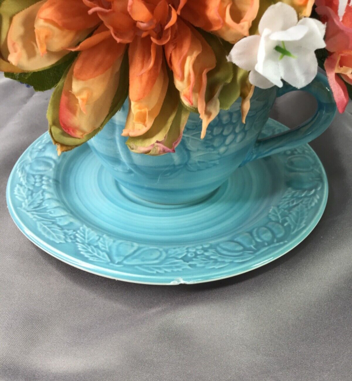 Vintage Sky Blue Oversized Cup & Sauce Coral Yellow Lavender Flower Arrangement