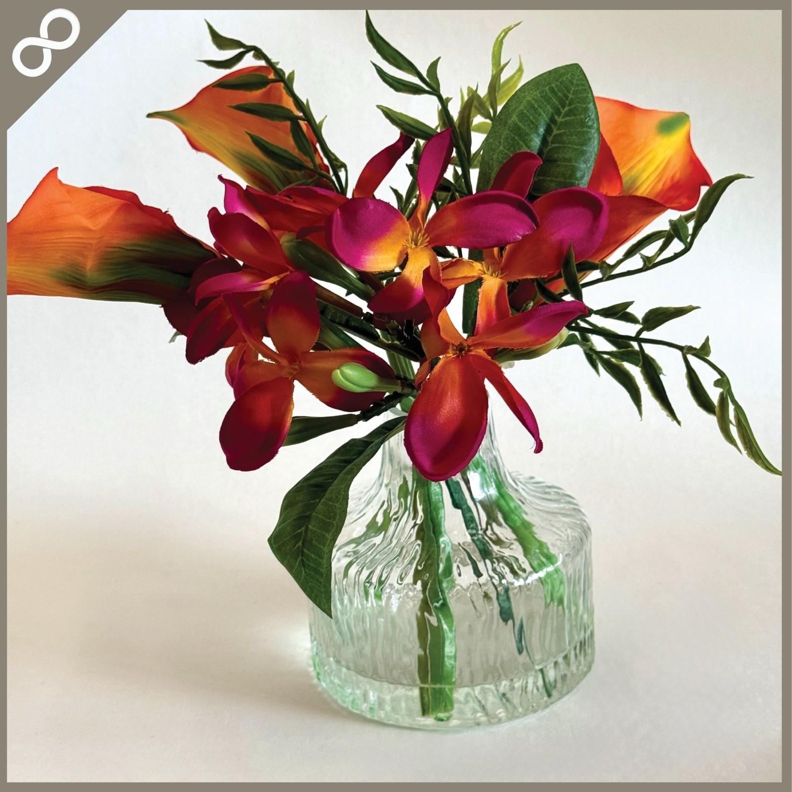Artificial Tropical Flower Arrangement in Textured Glass Vase Pink Orange 10”