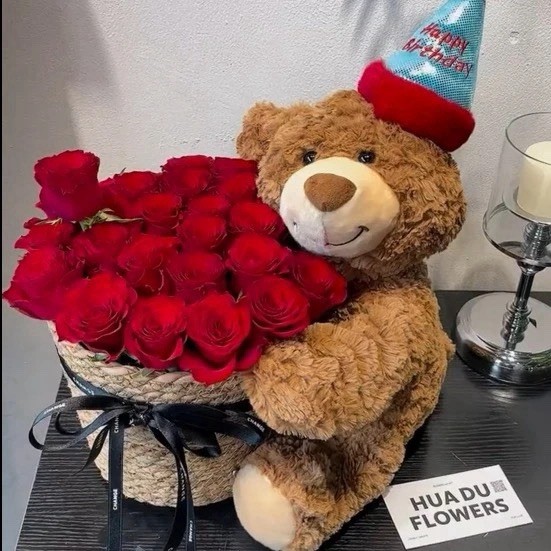 Teddy Bear With 33 Eternal Rose Bouquet— Best Gift For Girlfriend. Best Friend