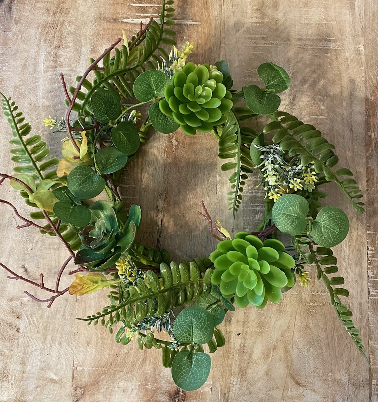 New Summer Garden SUCCULENT PLANT CANDLE RING Greenery Fern Wreath 4″