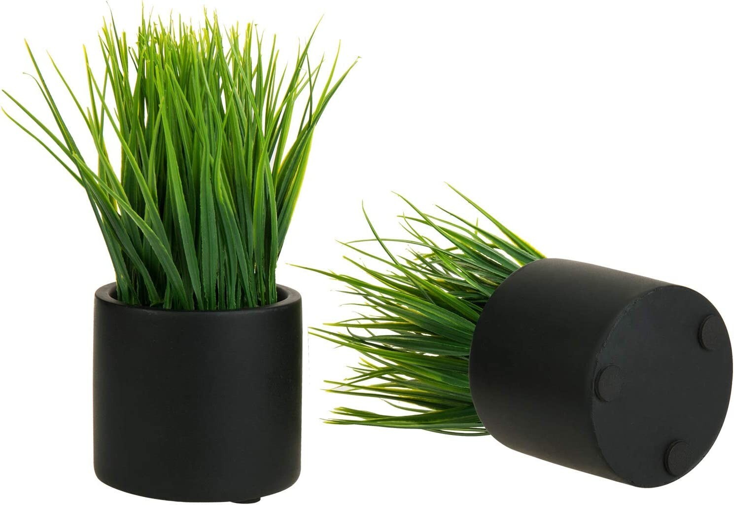 MyGift Set of 2 Tabletop Artificial Green Grass Plant Decor in Black Cement Pots
