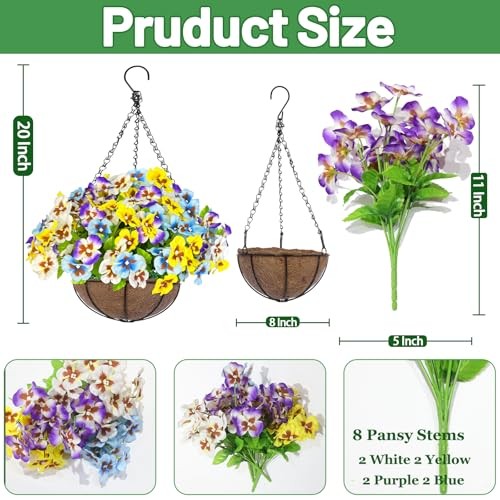 Pansies Fake Hanging Plants Pansy Flowers & Basket for Outdoor Outside