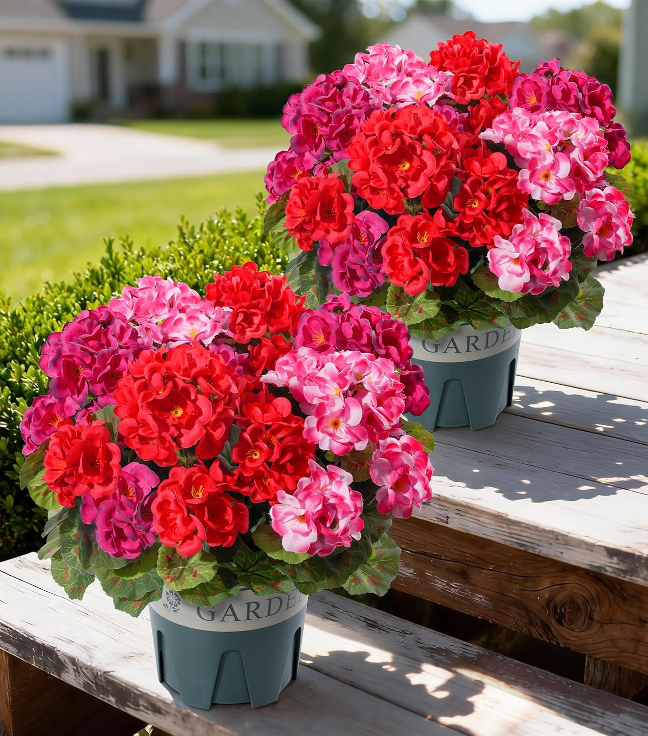 Geraniums Artificial Flowers for Outdoors, 2 Pack Potted Plants Pink Faux Gerani