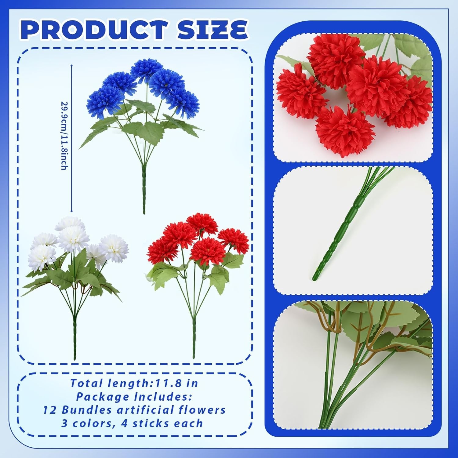 Vibrant 12-Piece Patriotic Chrysanthemum Flower Set for 4th of July Celebrations