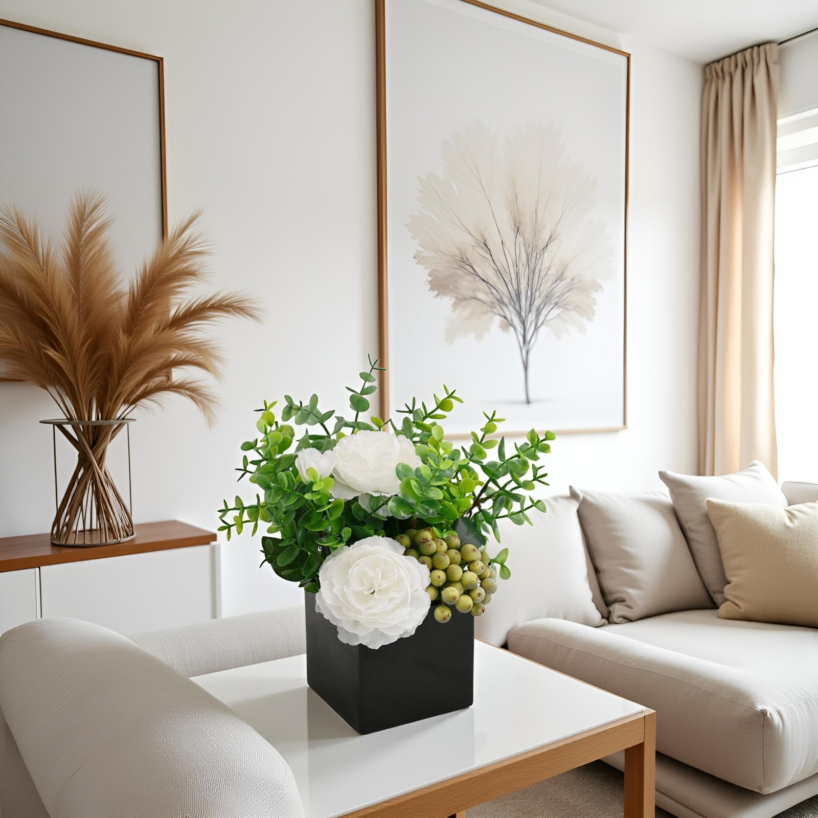 Artificial White Peony Flowers Eucalyptus Green Berries Black Square Vase