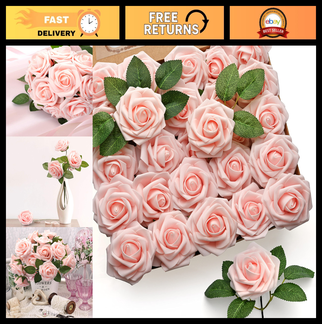 50Pcs Blush Pink Foam Artificial Roses – Wedding Bouquets, Party Decor, DIY Craf