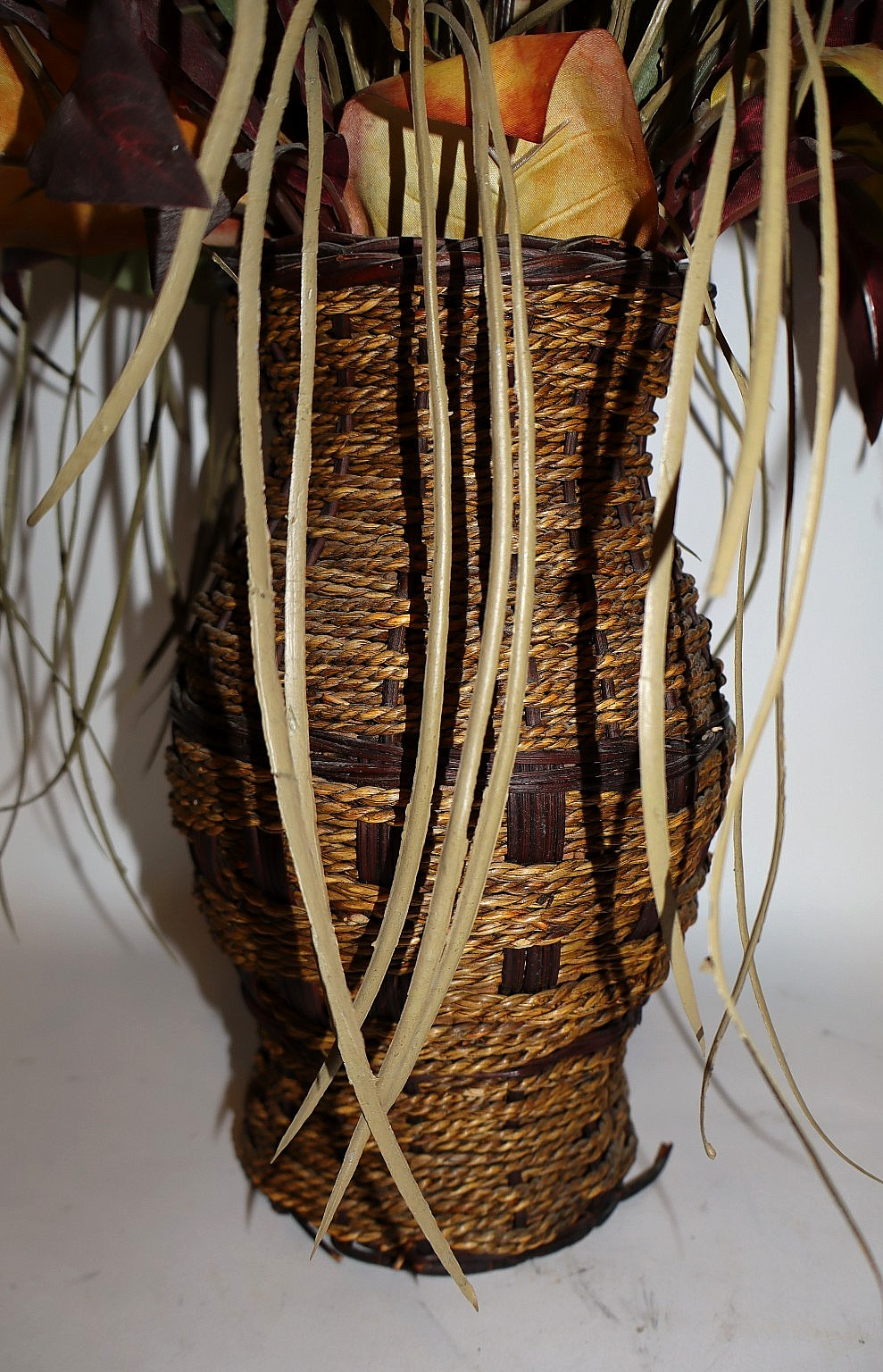 Pair of High Quality 30″ tall Faux Foliage Arrangements in Woven Pottery Vases