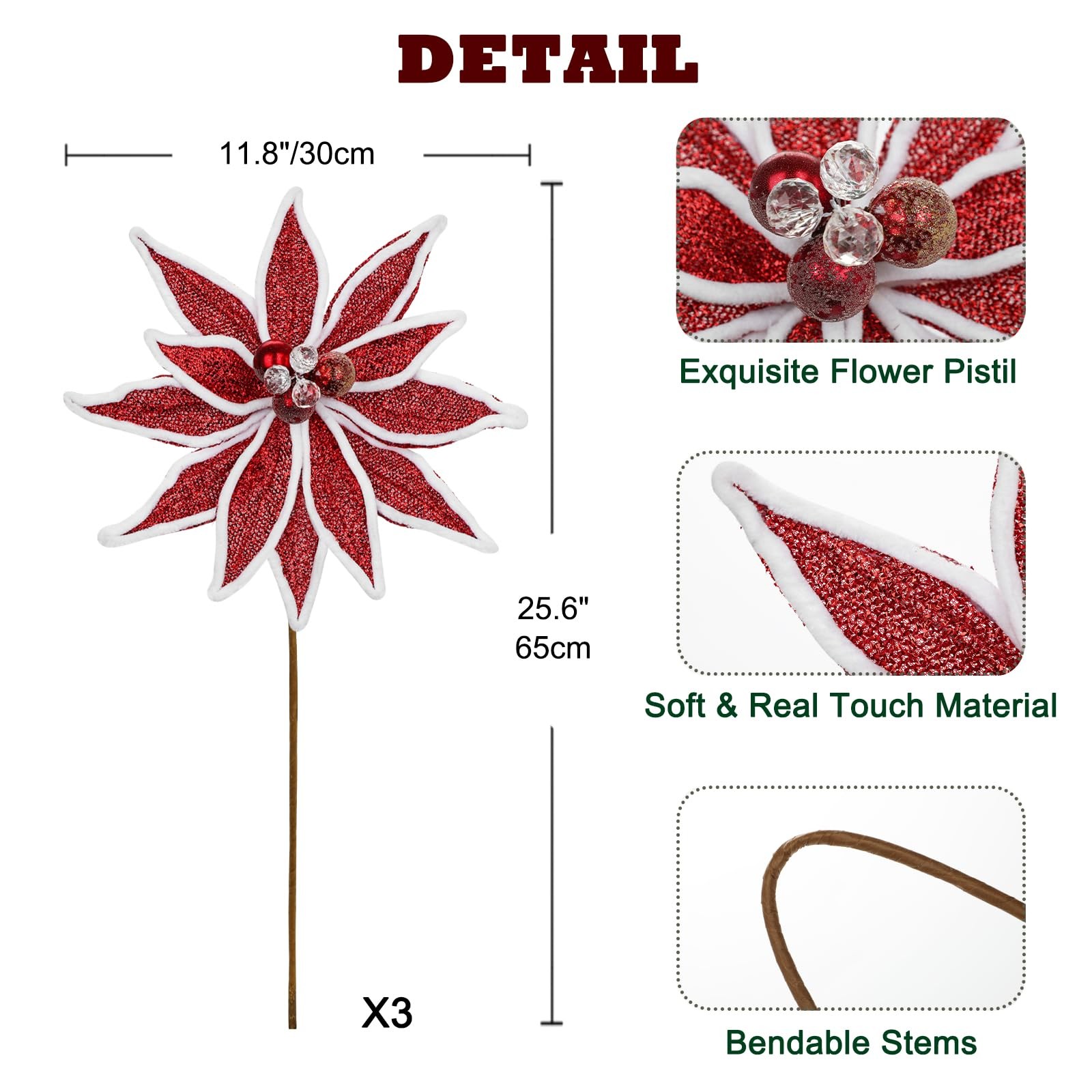 3PCS Red Poinsettia Artificial Christmas Flowers – 25.6″ Long Stem Metallic G…