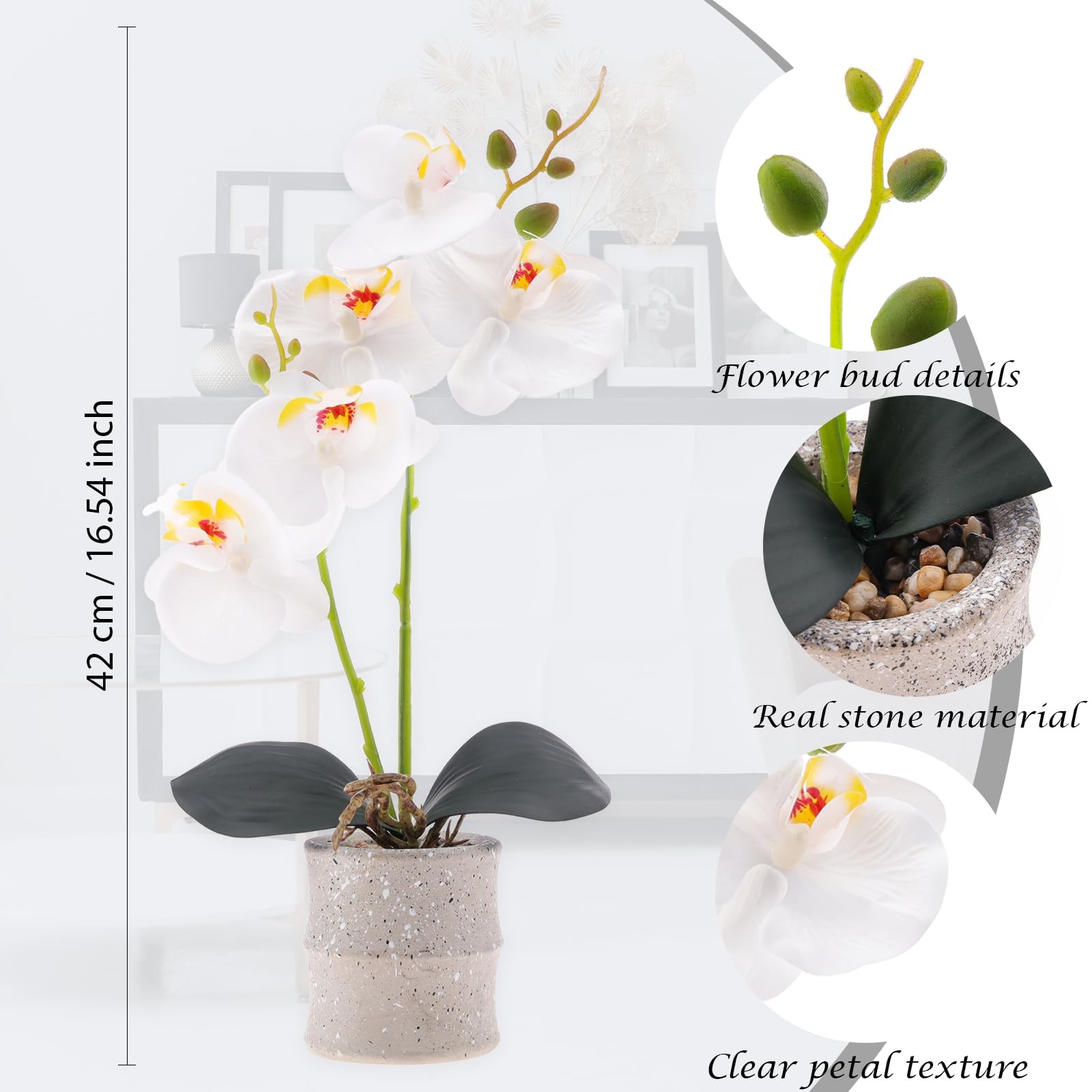 16.5 Inch White Artificial Orchid Flowers Pot Fake Phalaenopsis Bonsai Decor