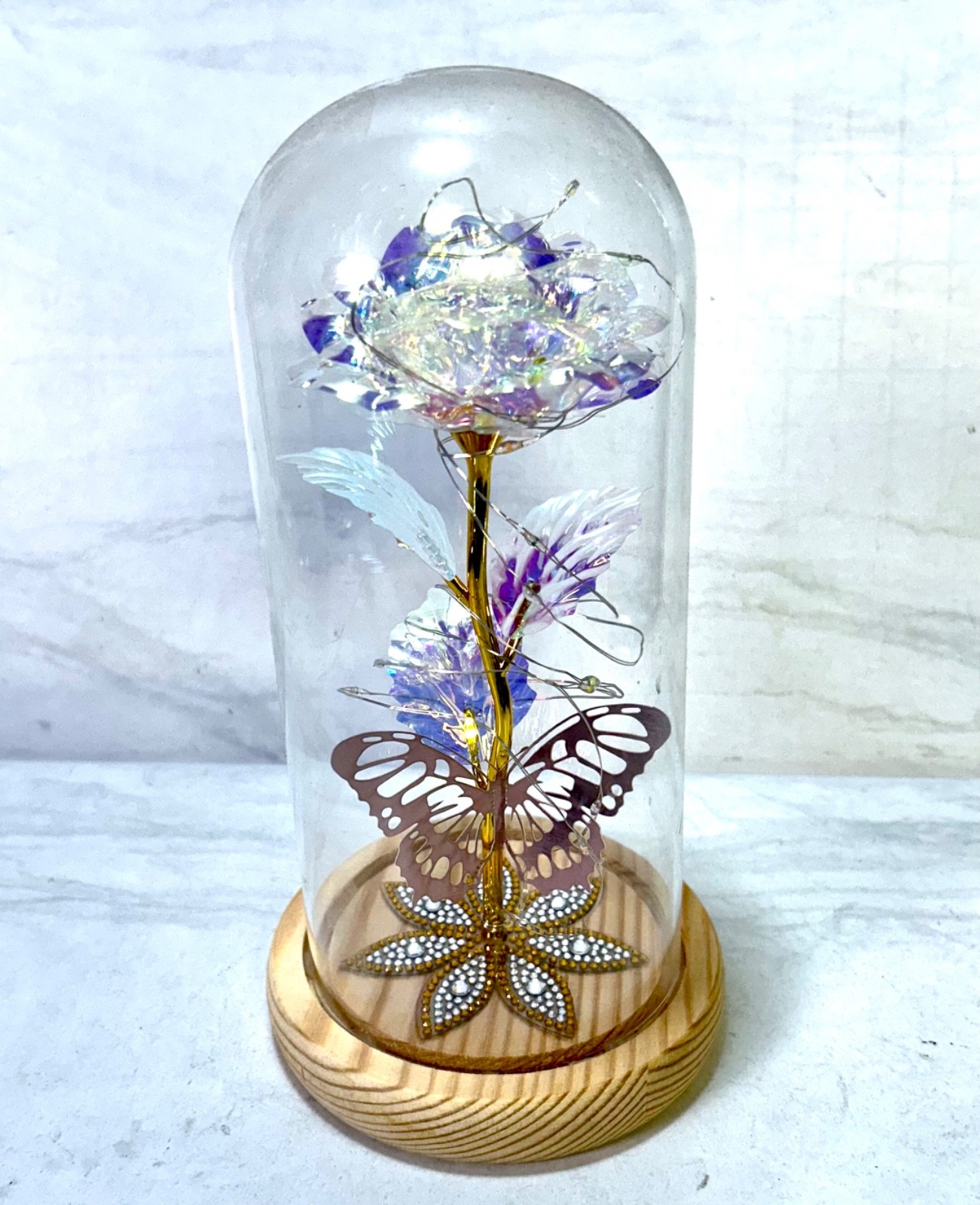 Galaxy Rose Butterfly in Glass Dome LED Light Up Eternal Flower Mother’s Day Gif