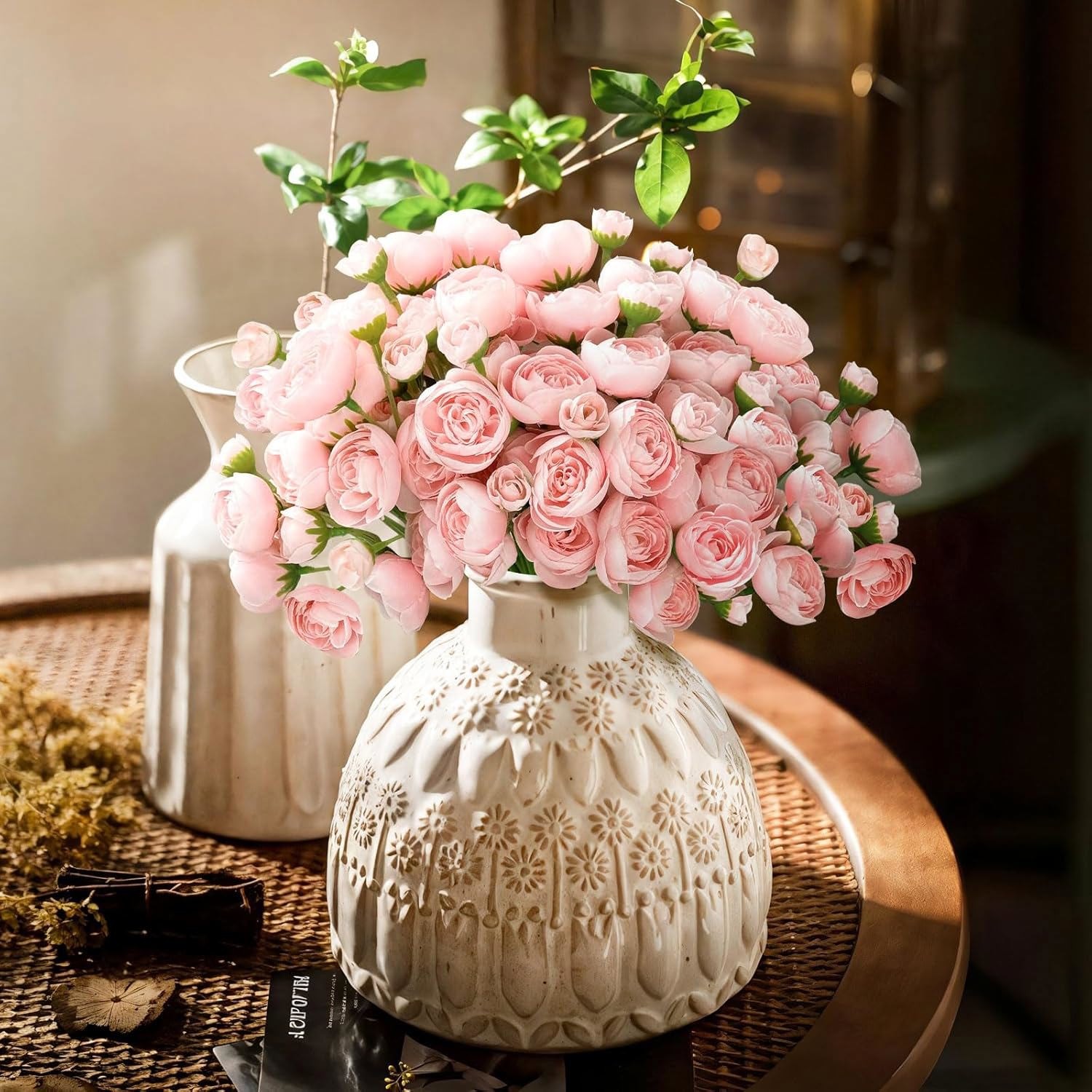 18Pcs Ranunculus Artificial Flowers Pink Fake Peonies Real Touch Silk Faux Mini