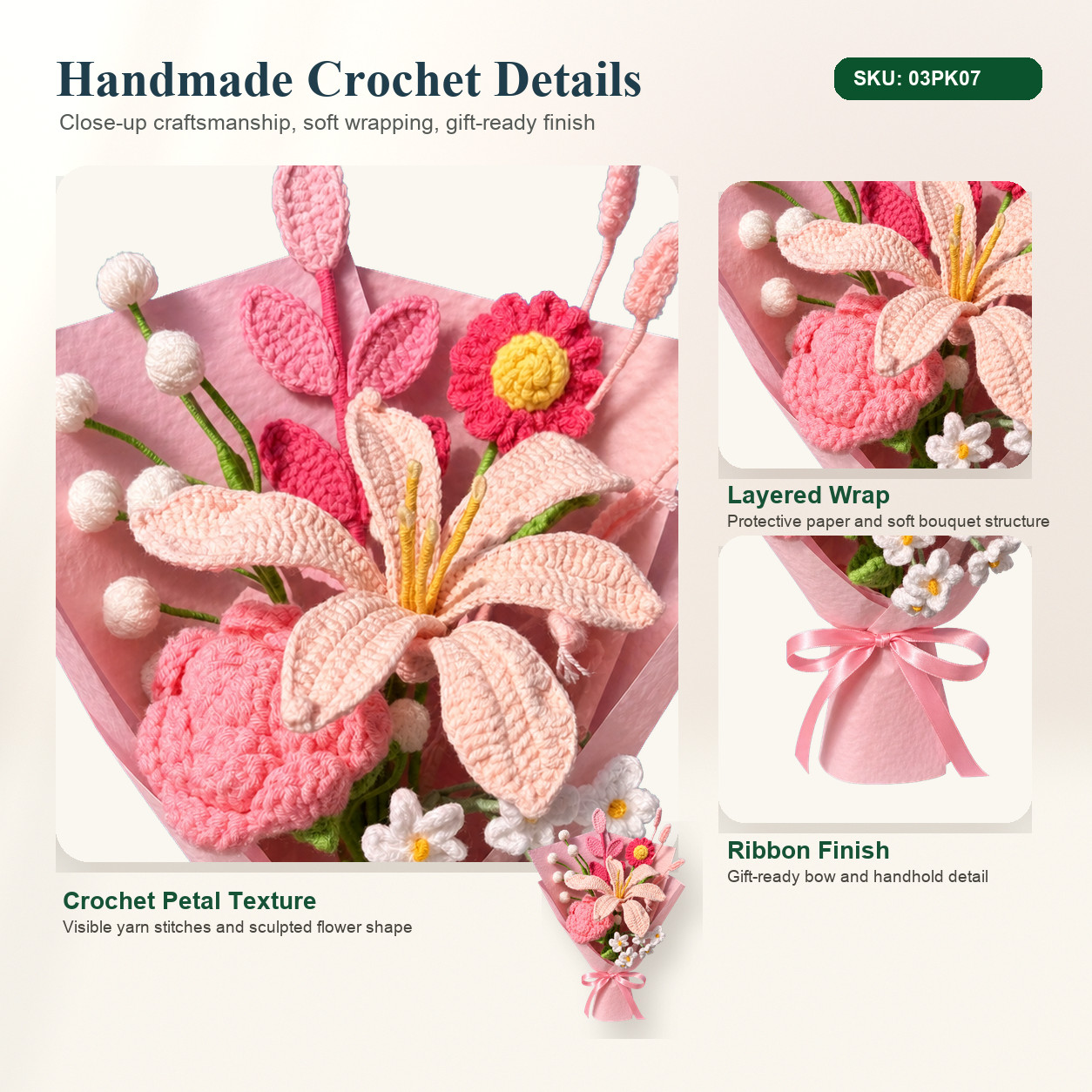 Crochet Pink Lily Daisy Bouquet Birthday Anniversary Gift for Her