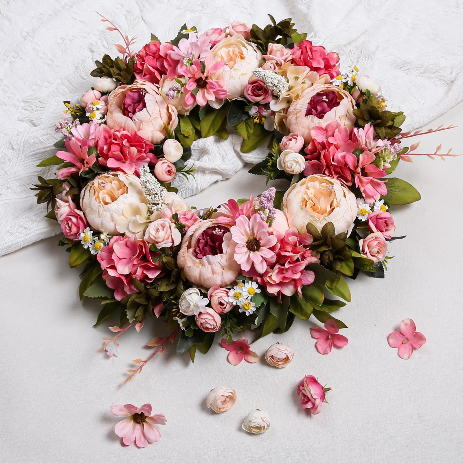 18″ Light Pink Peony Wreath – Spring Floral Door Decor, Wedding & Housewarming G