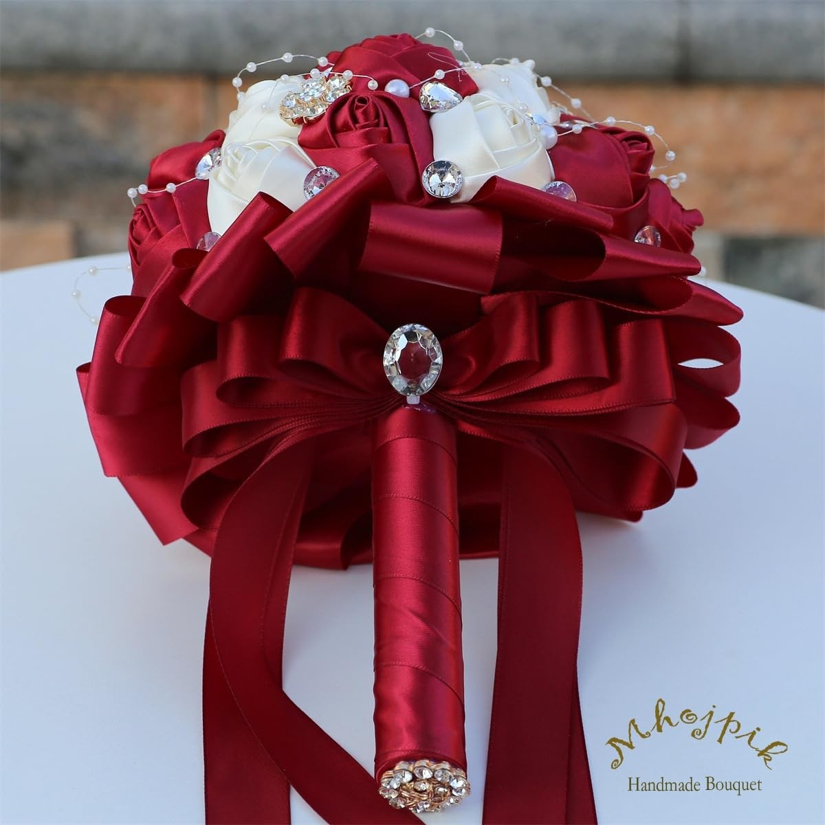 6.3 Inch Dark Red Ivory Bridal Wedding Bouquet Artificial Rose Toss Bunch