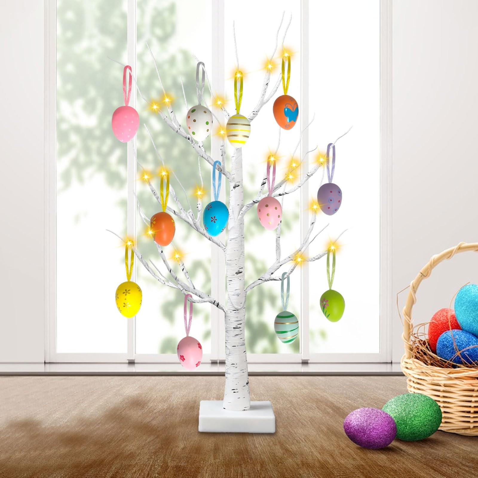 2 Pack Easter Decorations 24 Inch Artificial Lighted Egg Tree, 2
