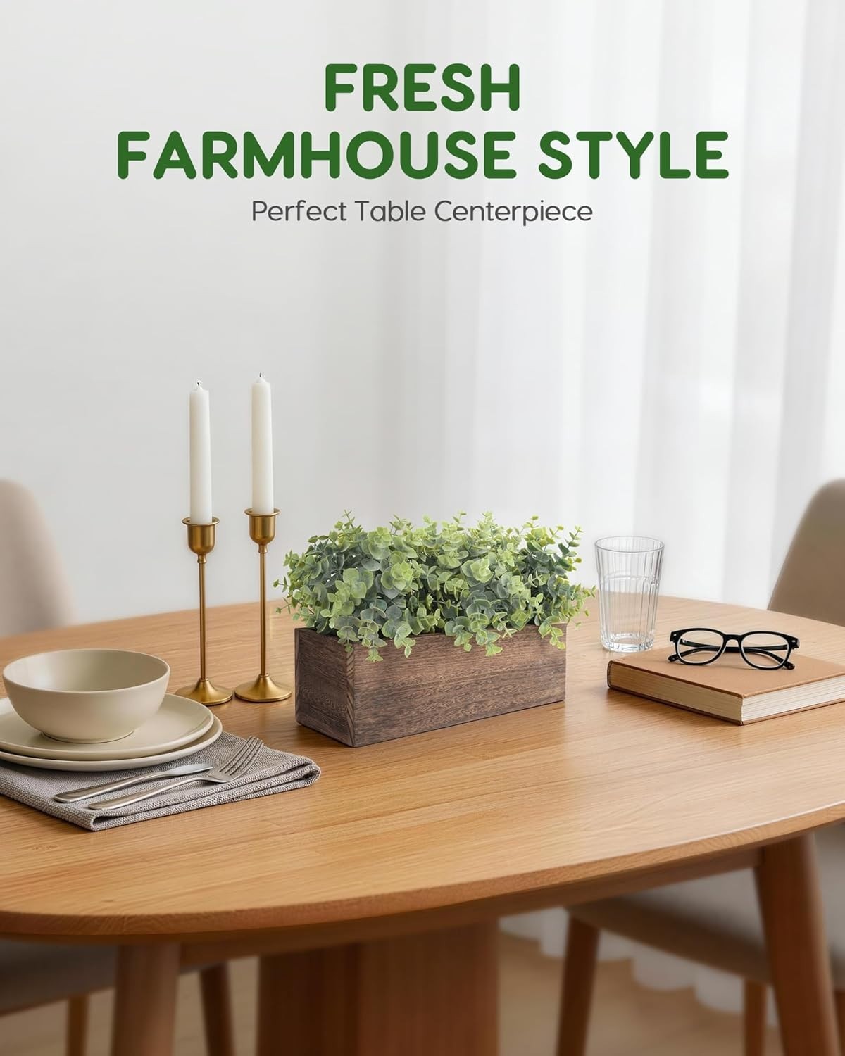 14″ Artificial Eucalyptus Plants in Rustic Rectangular Wooden Planter Box, Fa…