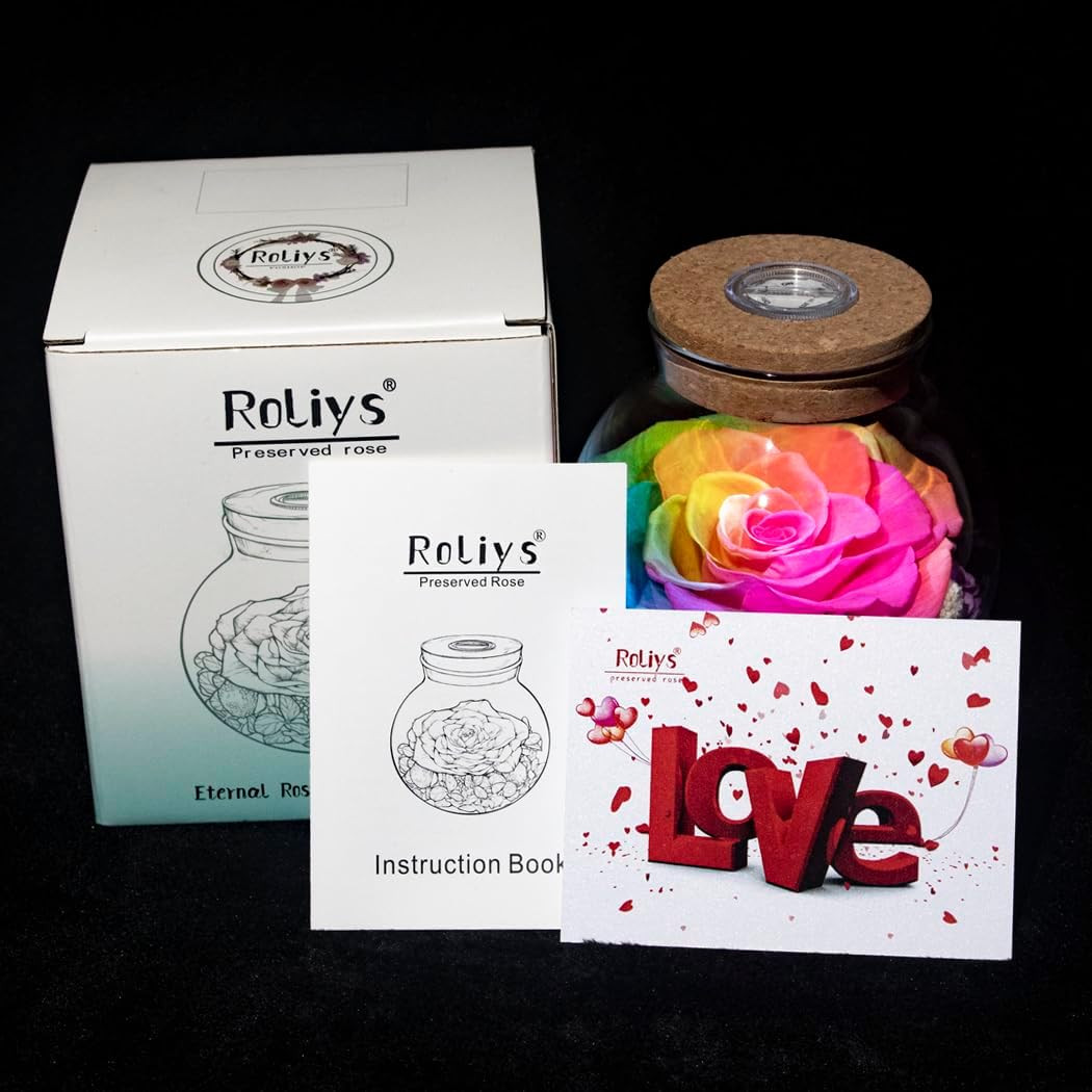 Preserved Real Roses with Colorful Mood Light Wishing Bottle,Eternal Rose，Never