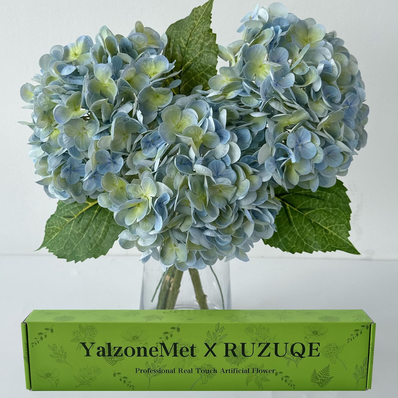 3 PCS Light Blue-Green Hydrangea Artificial Flowers 21” Real Touch Latex Hyd…