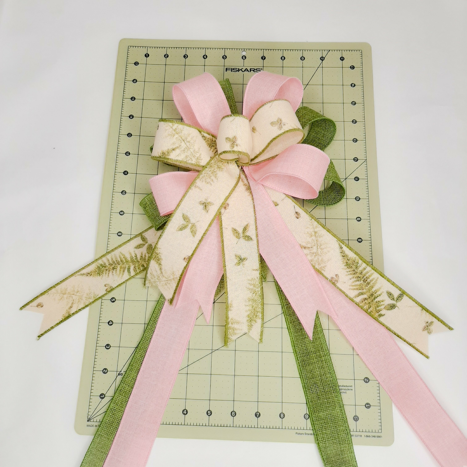 Spring Bow, Cream with Fern Print, Floral Print, Sage Green