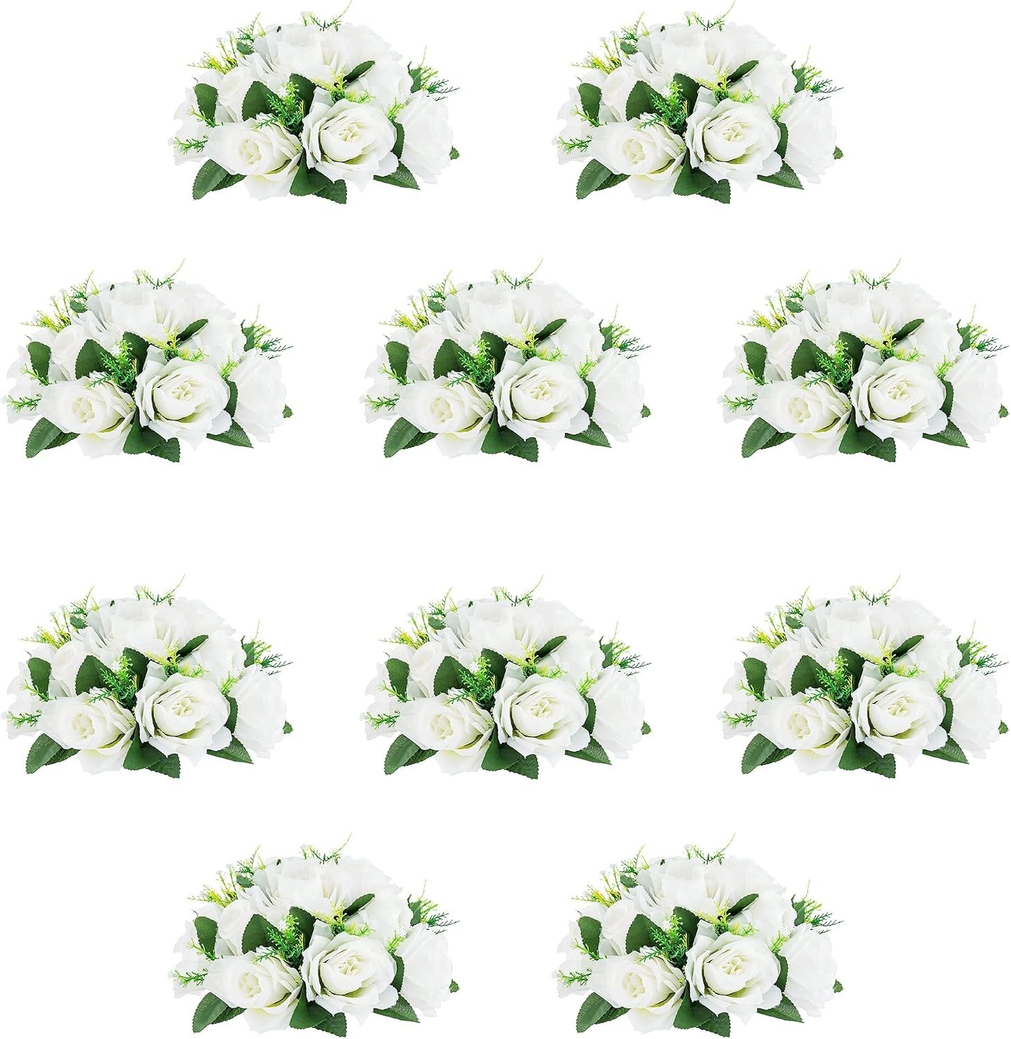 10Pcs Artificial Rose Balls for Centerpieces (White) | 15 Flower Heads, Plastic
