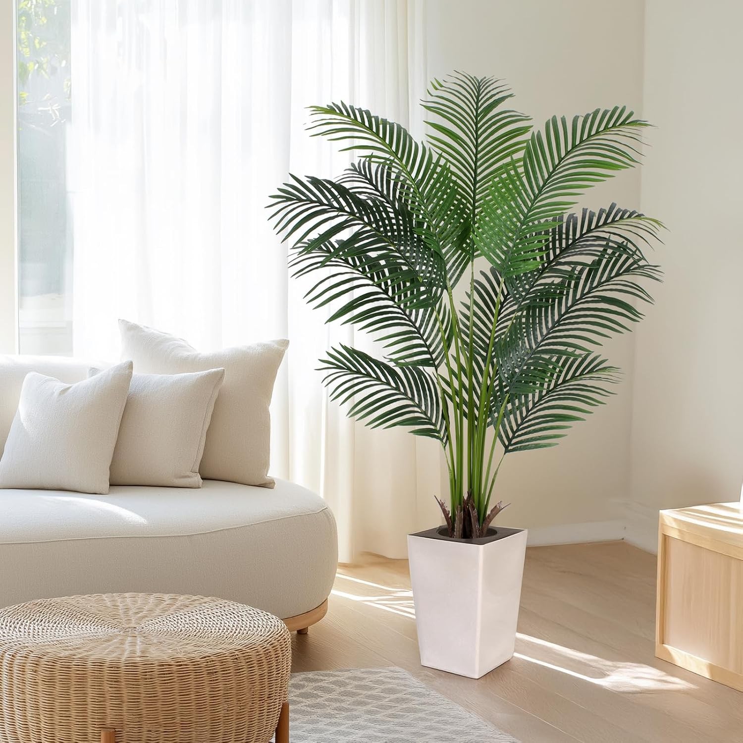 Artificial Palm Tree with White Tall Planter, 5Ft Tall Potted Artificial Silk Pa