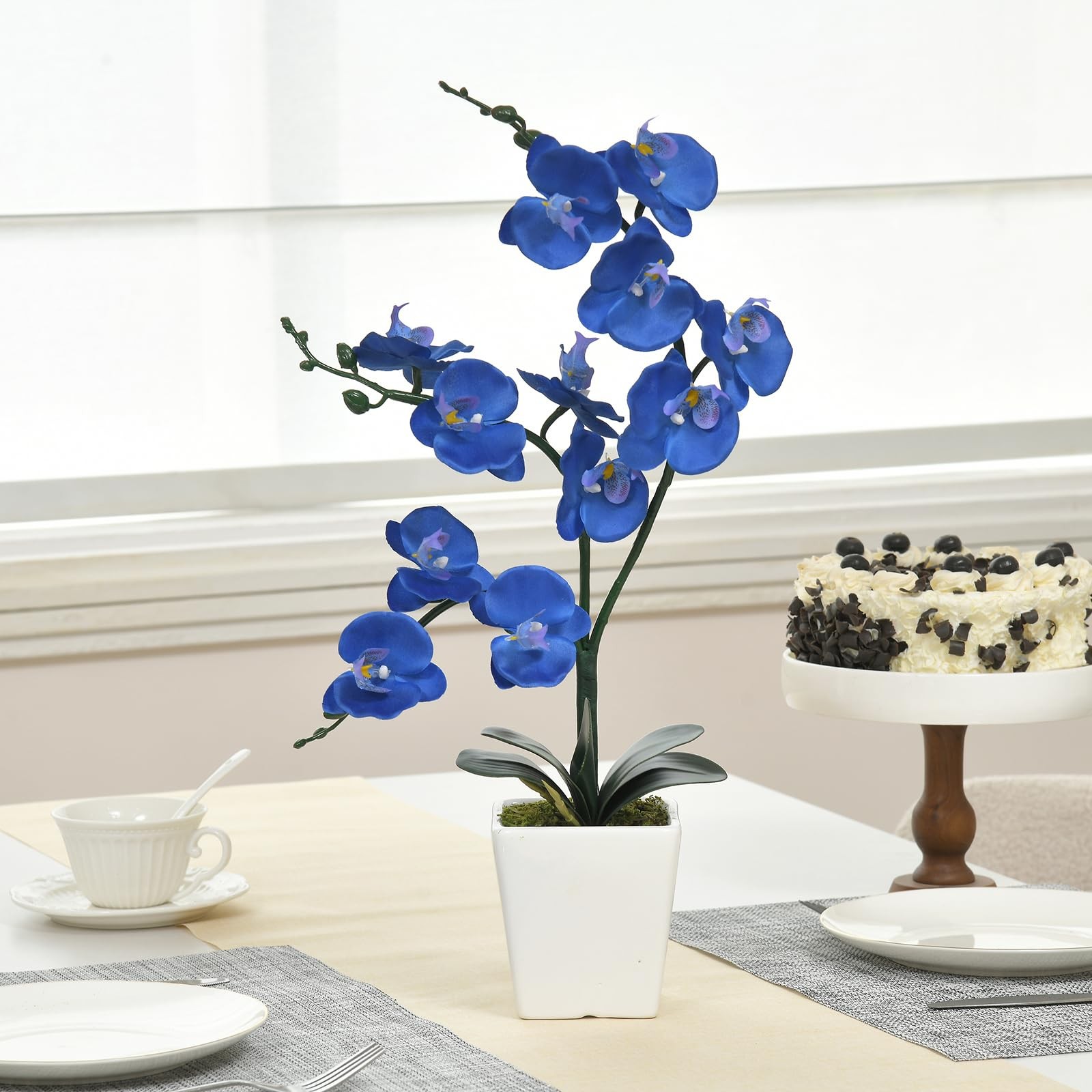 Artificial Silk Phalaenopsis Orchid Flower Plant Pot Navy Blue 15 Inch