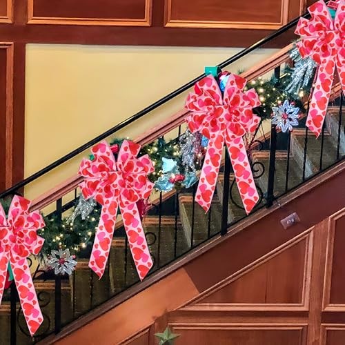 2Pcs Valentine’s Day Bows, Pink Valentine’s Day Wreath Bow Pink Heart Printed