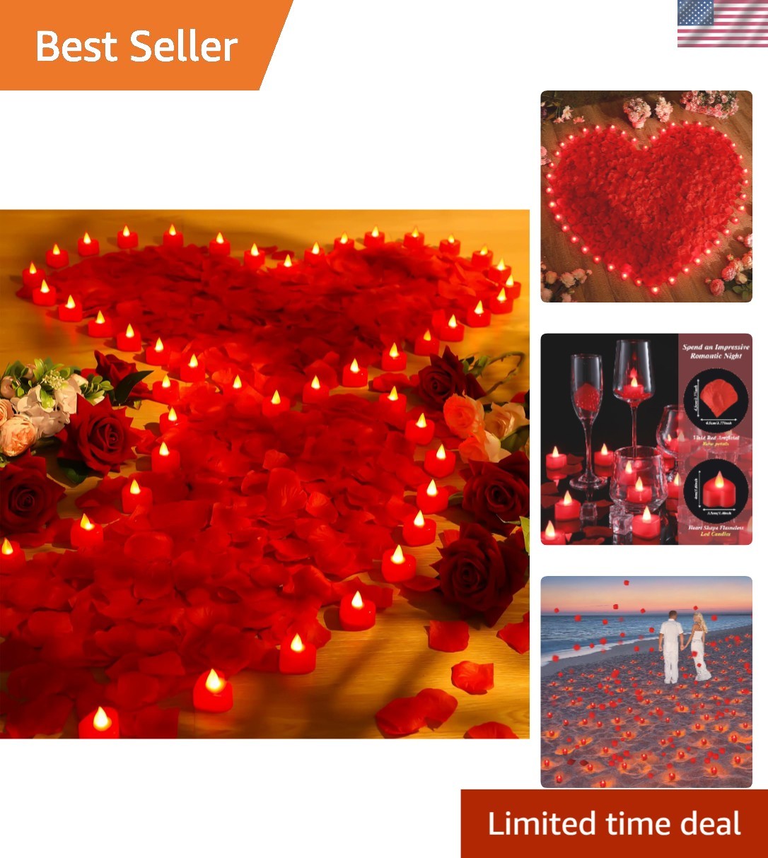 Heart Candle and Rose Petal Set – 72 LED Lights & 6000 Petals for Romantic Decor