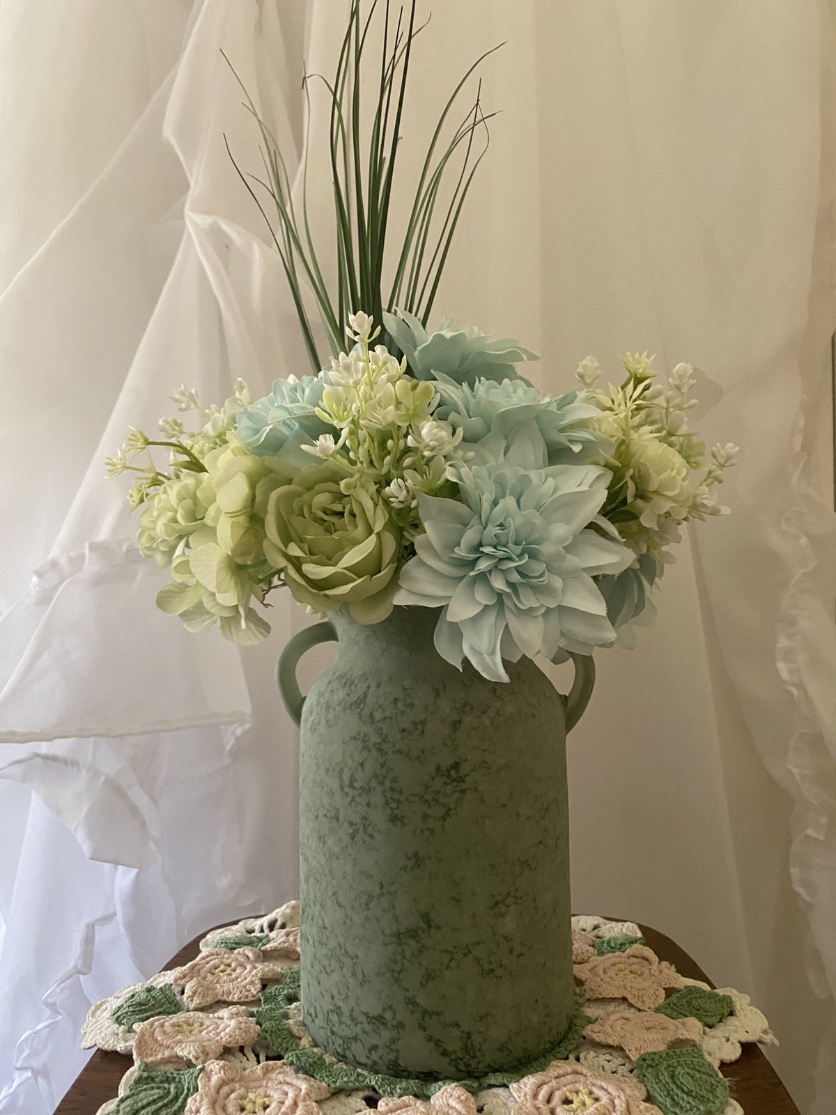 Summer Dahlias & Seafoam Green Roses in a Lovely Glass Jug Style Vase Flower