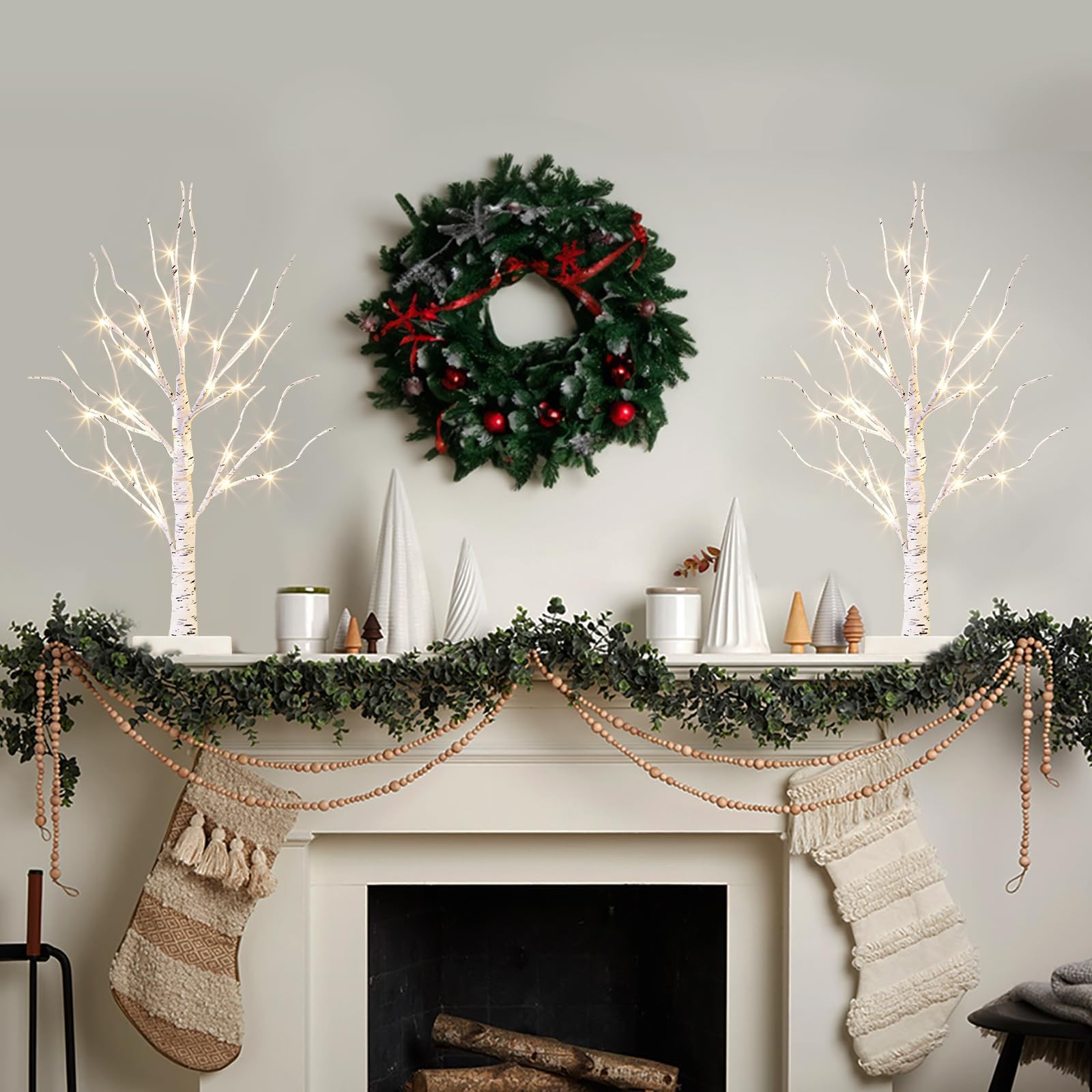 White Birch Tree with LED Lights – Set of 2, Tabletop Tree with Timer, Christ…