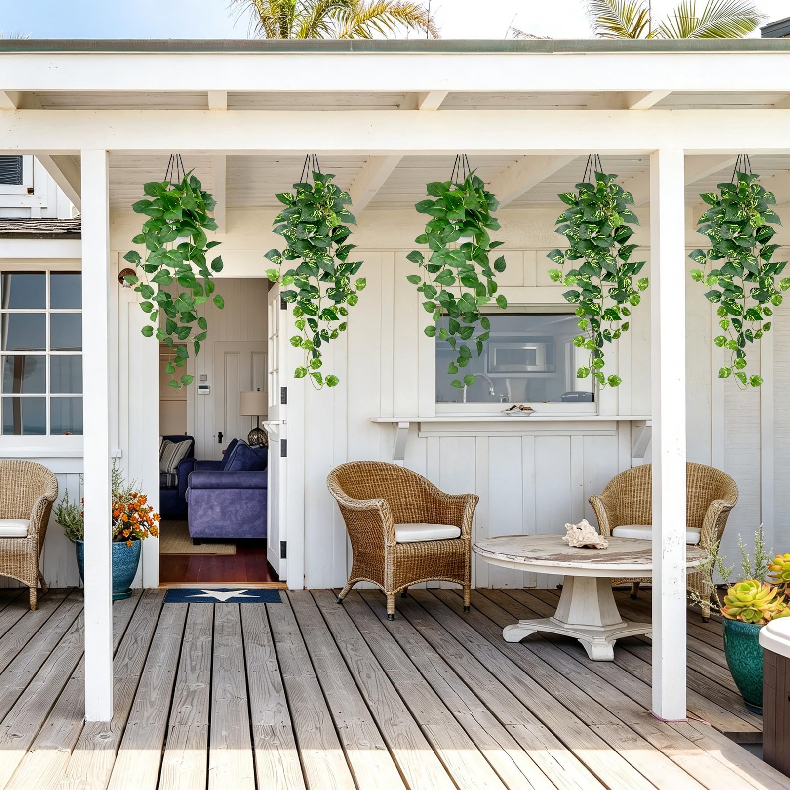 Artificial Hanging Plants with White Pots (2, Green and Yellow Green, 31.5”)