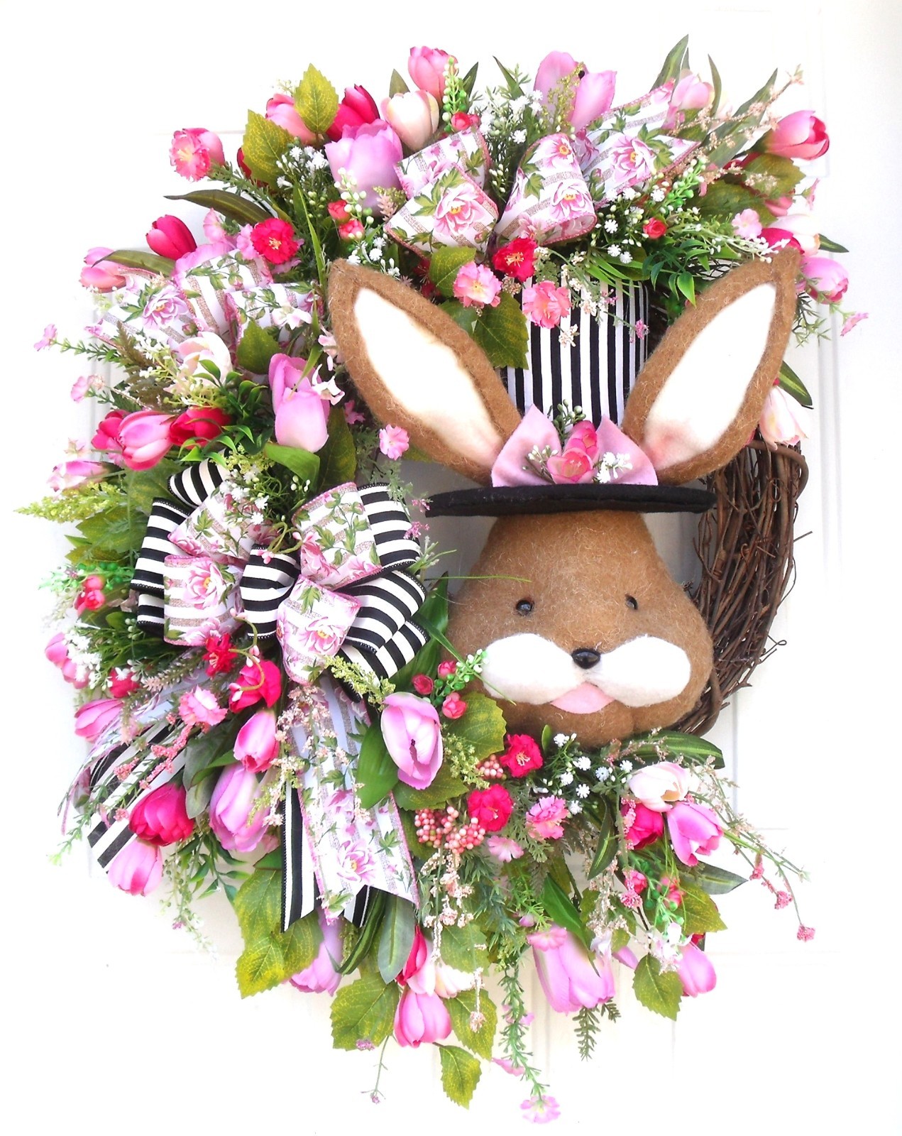 Spring Easter Bunny Wreath, Door Decor Pinks/Black/Whites