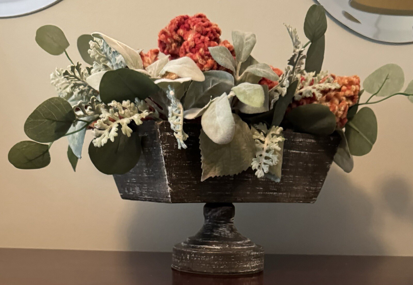 Orange Dried Floral Centerpiece Decor & Faux Green Leaves Metal Base Wooden Box