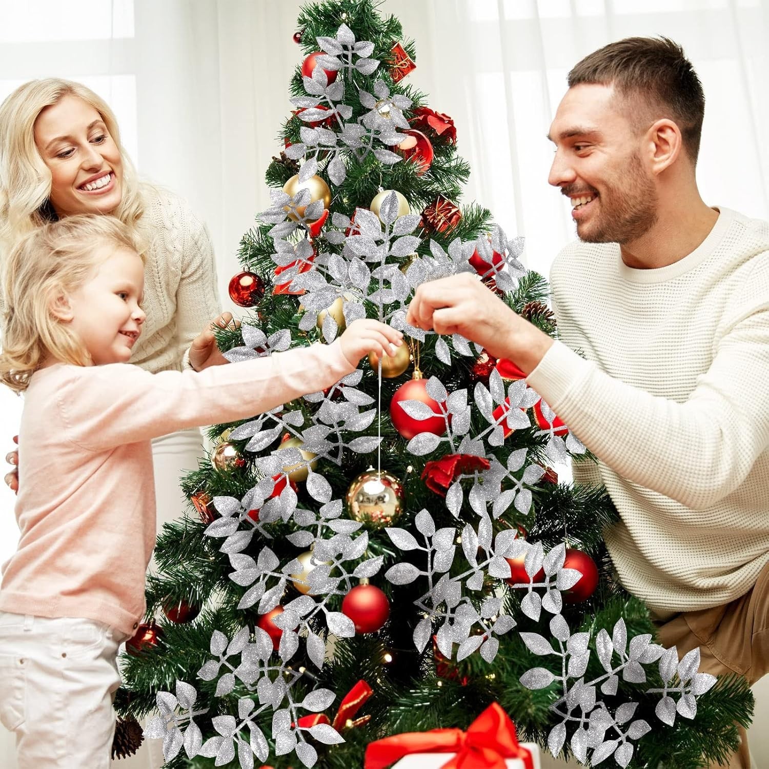 30 Pcs Christmas Glitter Leaves Picks 12 Inch Artificial Xmas Tree Silver
