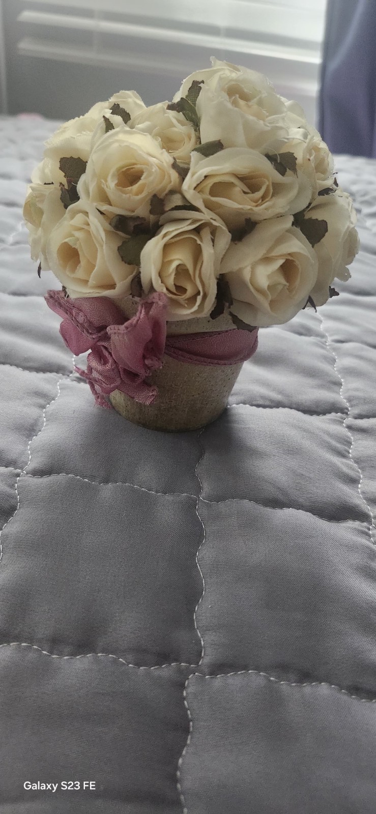 Artificial Cream Rose Arrangement in Pot with Pink Ribbon, Silk Flower Bouquet