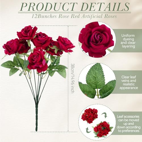 12 Bunches Artificial Roses 7 Heads Silk Flower Roses with Stems Fake Rose Red