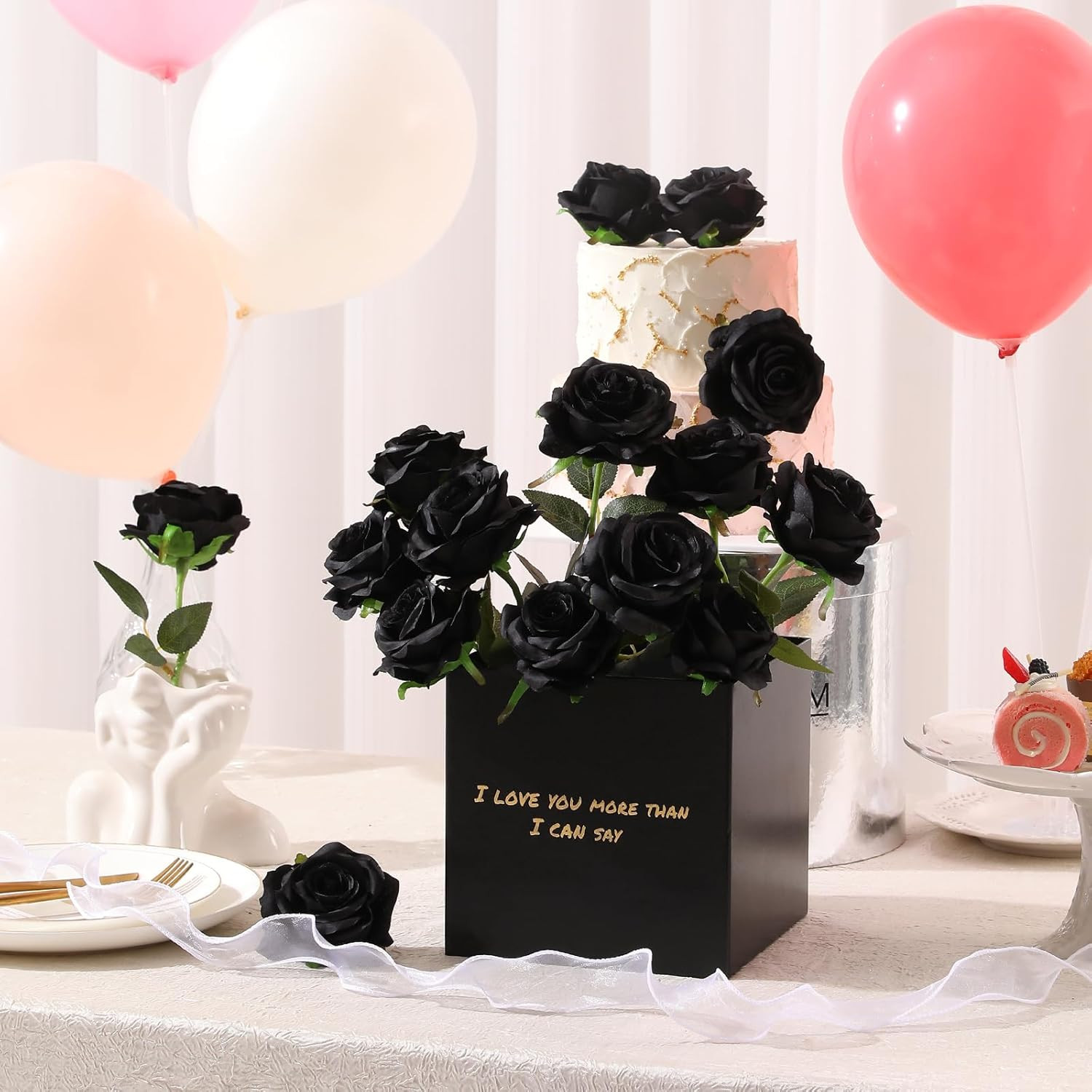 Black Roses Artificial Flowers -12 pcs Realistic Single Long Stem Fake Silk Rose