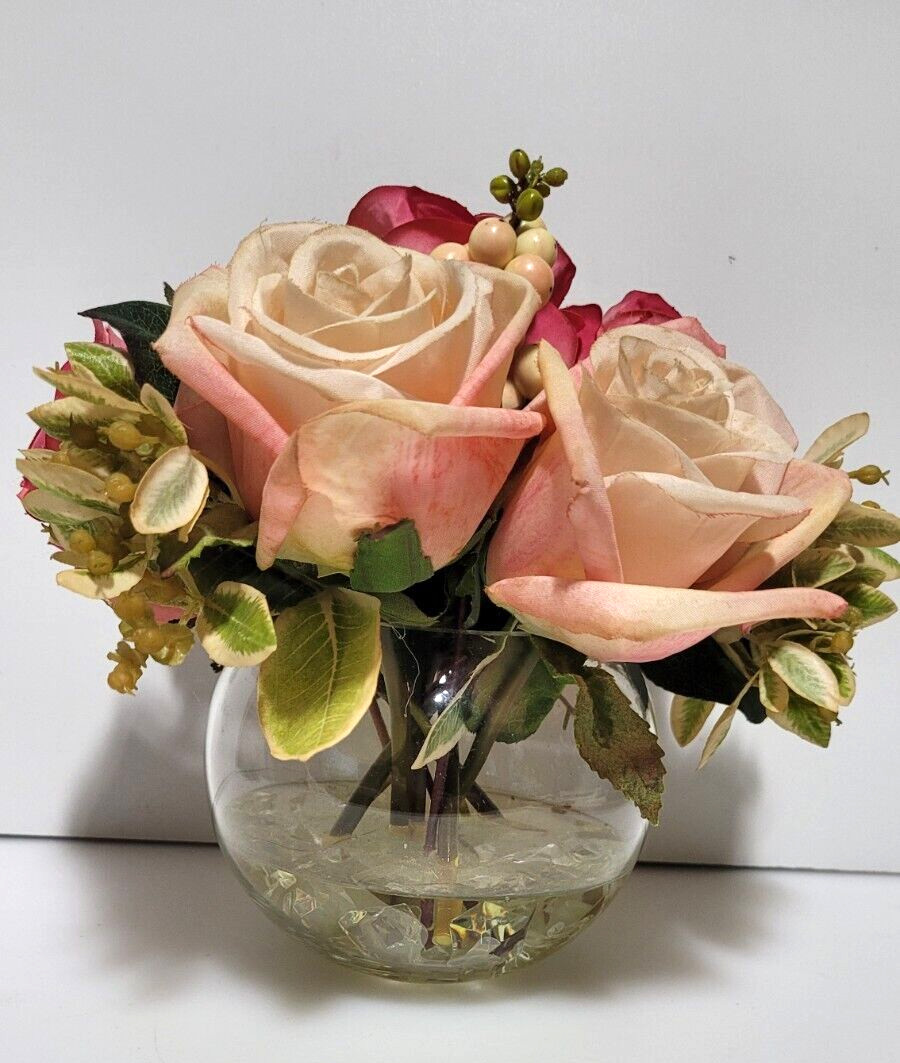 Flower Display Faux Pink Roses in Glass Rose Bowl Ornament Resin Water 8 x 8”
