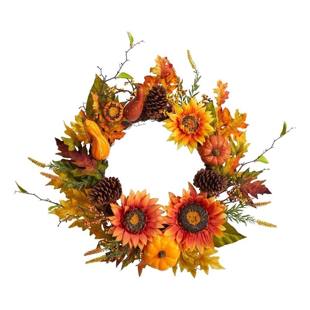 24″ Fall Sunflower/Pumpkin/Gourds/Pinecone/Berries Artificial Wreath in Orange