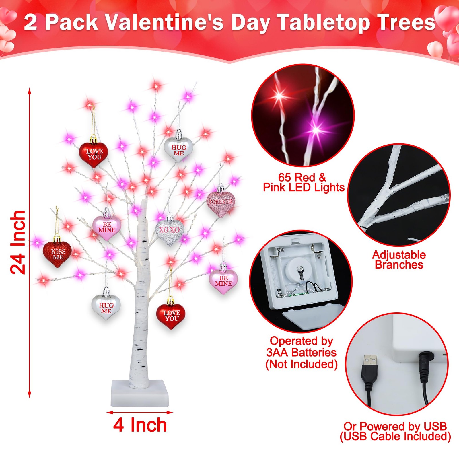 2 PCS 24 Inch Valentines Day Decor Tree 65 Lights 18 Heart Ornaments Timer