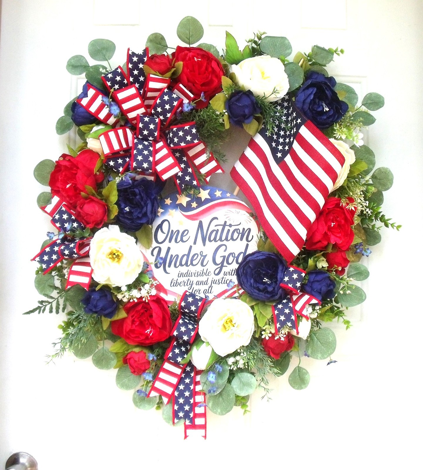 Patriotic Peony/Flag Wreath, Red/White/Blue, One Nation Under God