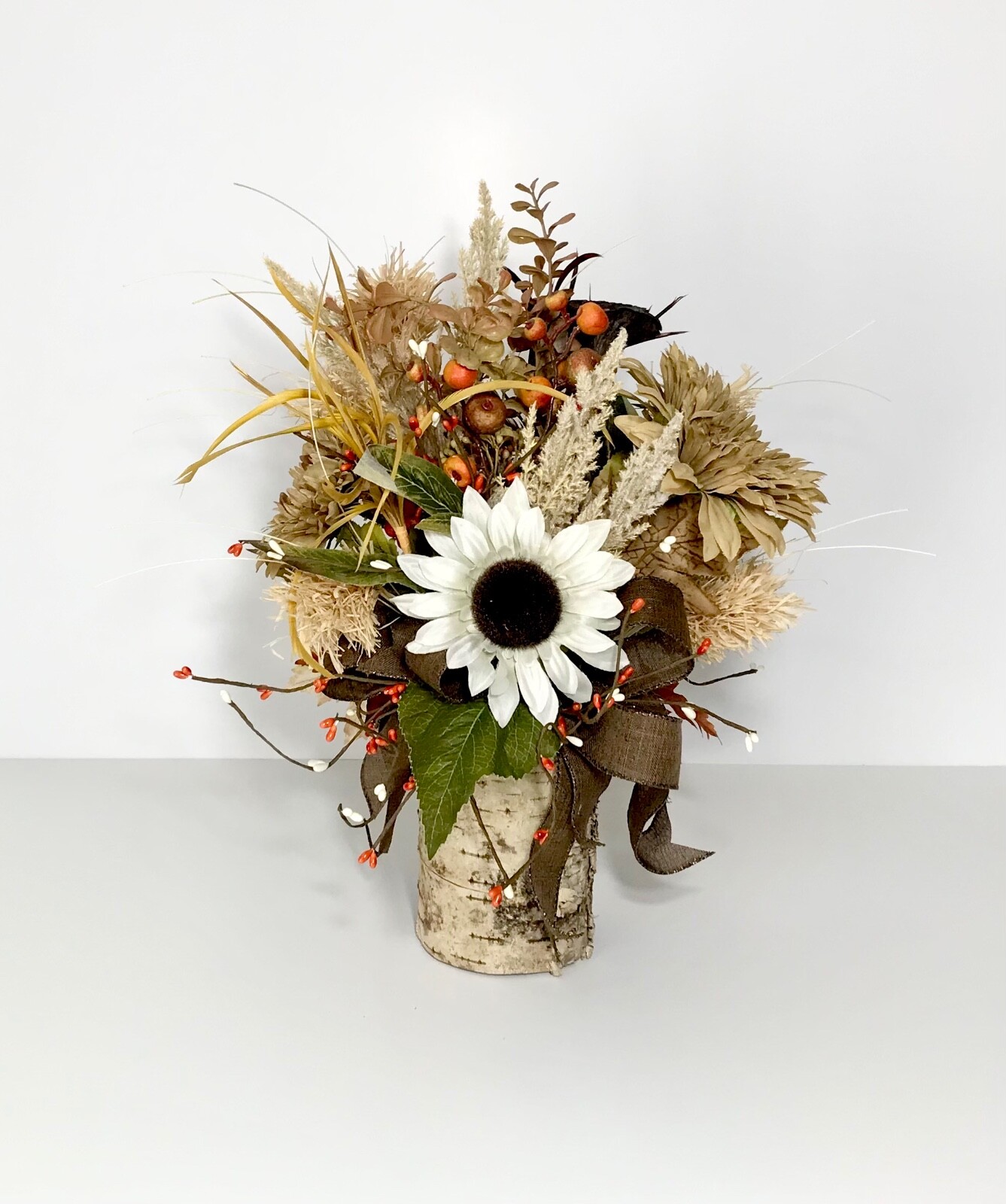WHITE SUNFLOWERS EARTH TONE ARRANGEMENT FALL LEAVES HARVEST CENTERPIECE HANDMADE