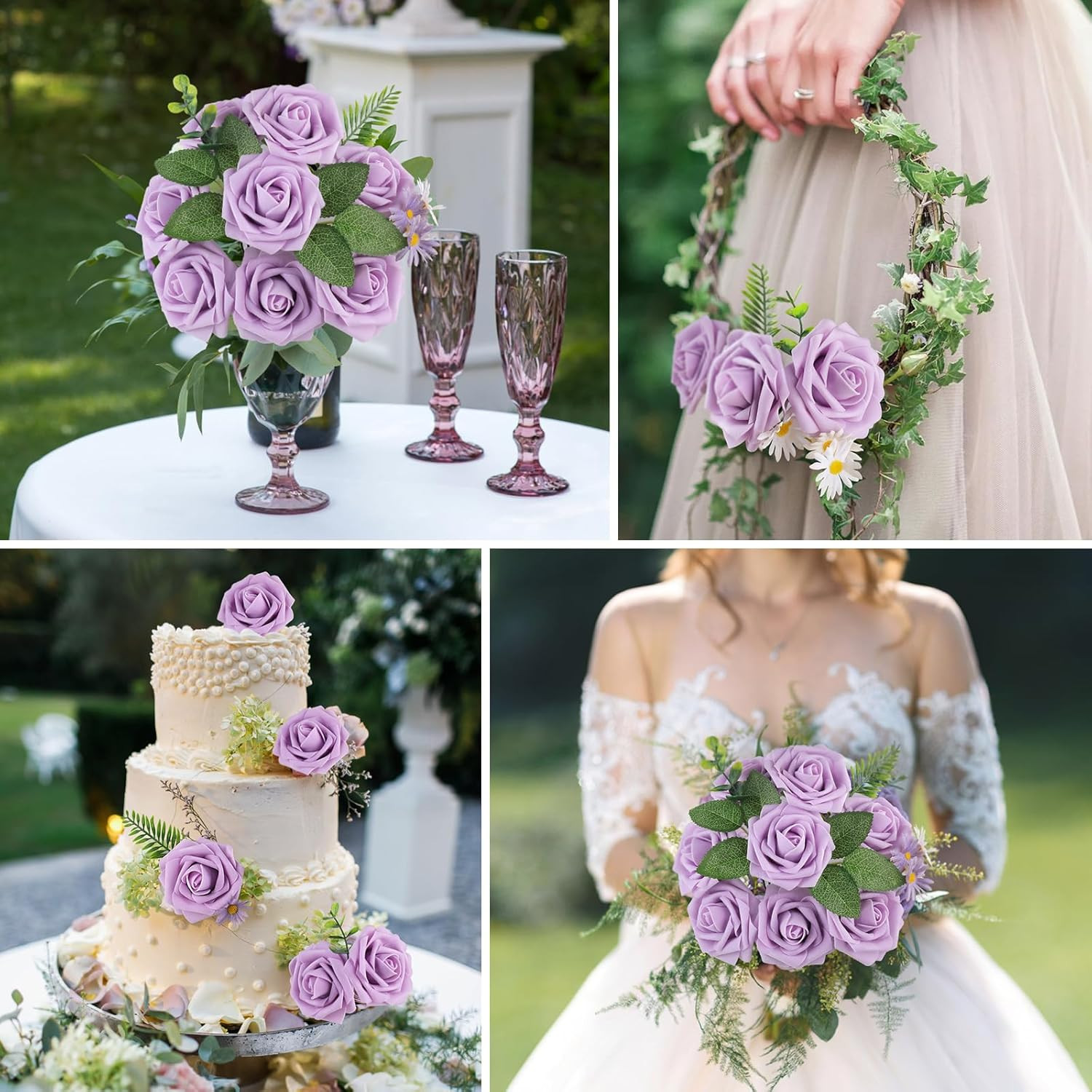 25Pcs Real Looking Artificial Lavender Roses W/Stem for DIY Wedding Bouquets Cen